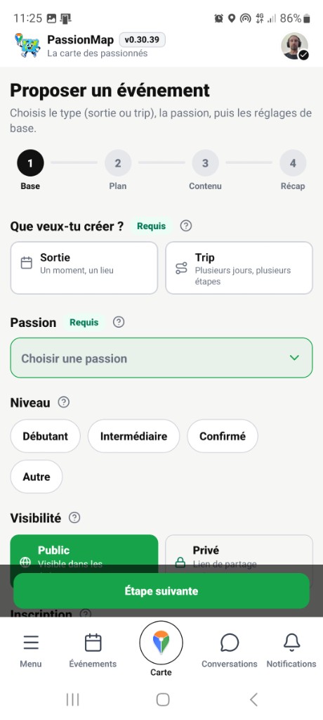Écran de création d’événement dans PassionMap